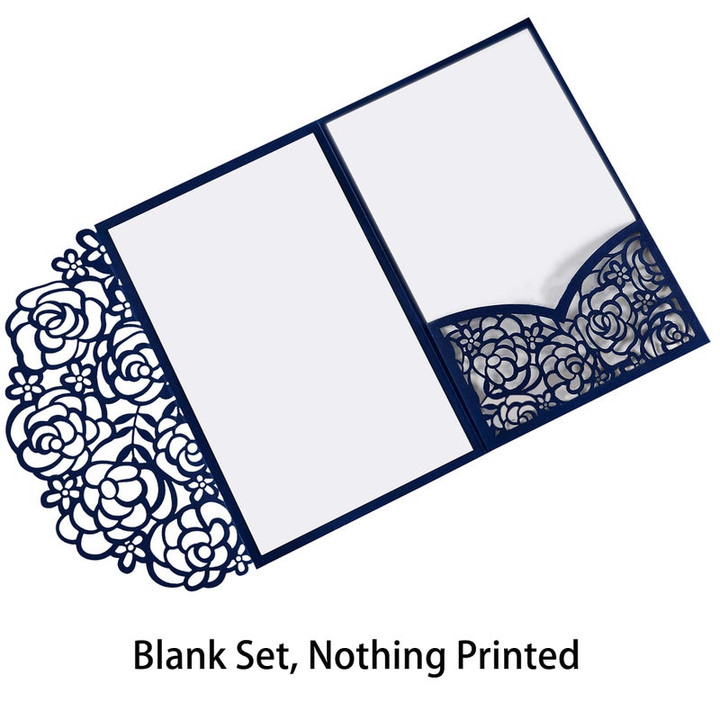 DreamBuilt 4.7 x7 inch 50PCS Blank Navy Blue Wedding Invitations Kit Laser Cut Hollow Rose Pocket Wedding Invitation Cards with Envelopes for Wedding Bridal Shower Engagement Invite - Image 2